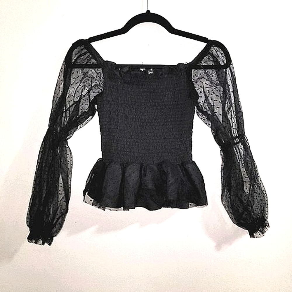 Shein EUC Classic Black Swiss Dot Sheer Ruffled Long Sleeve Blouse - SIZE 8/10